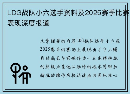 LDG战队小六选手资料及2025赛季比赛表现深度报道